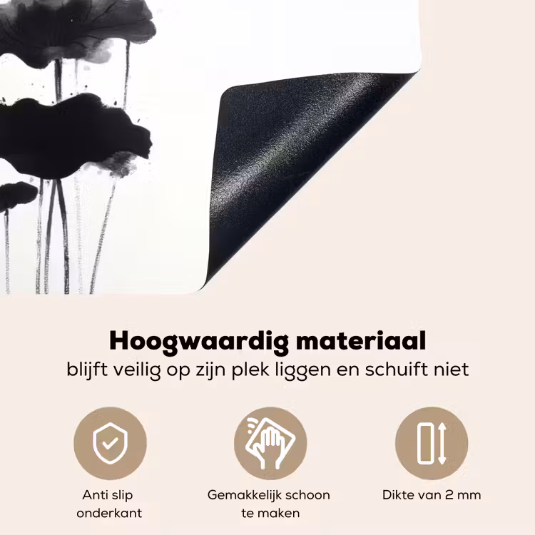 Bladeren - Zwart - Lotusbloem - Minimalitisch Inductie beschemer met haakjes klein -ky-onderkant-nl