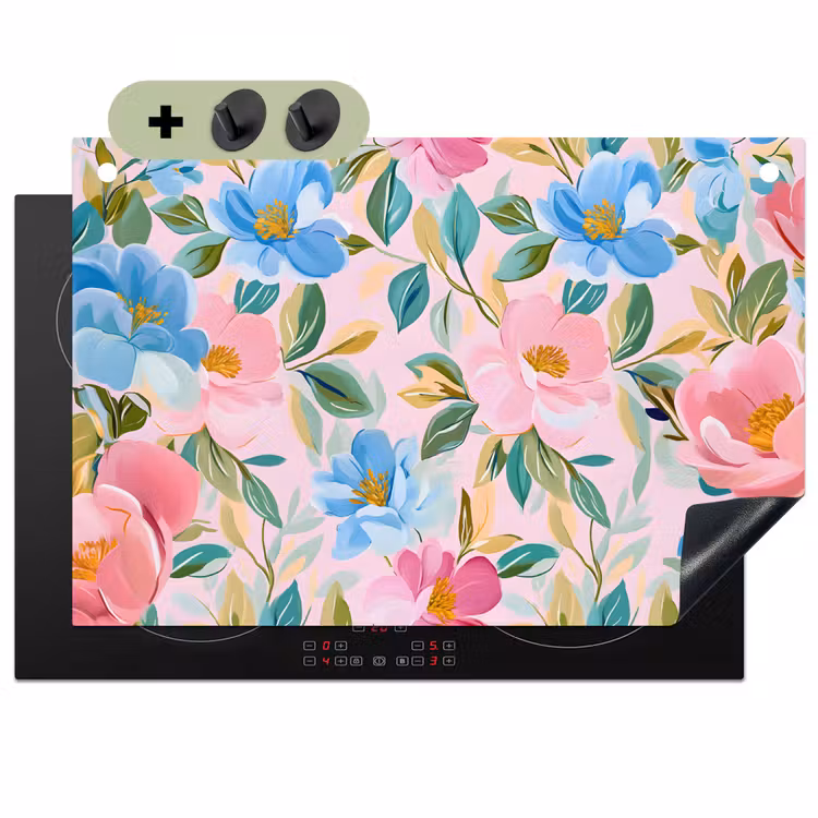 Blauw - Roze - Bloemen Inductie beschemer met haakjes klein -3d