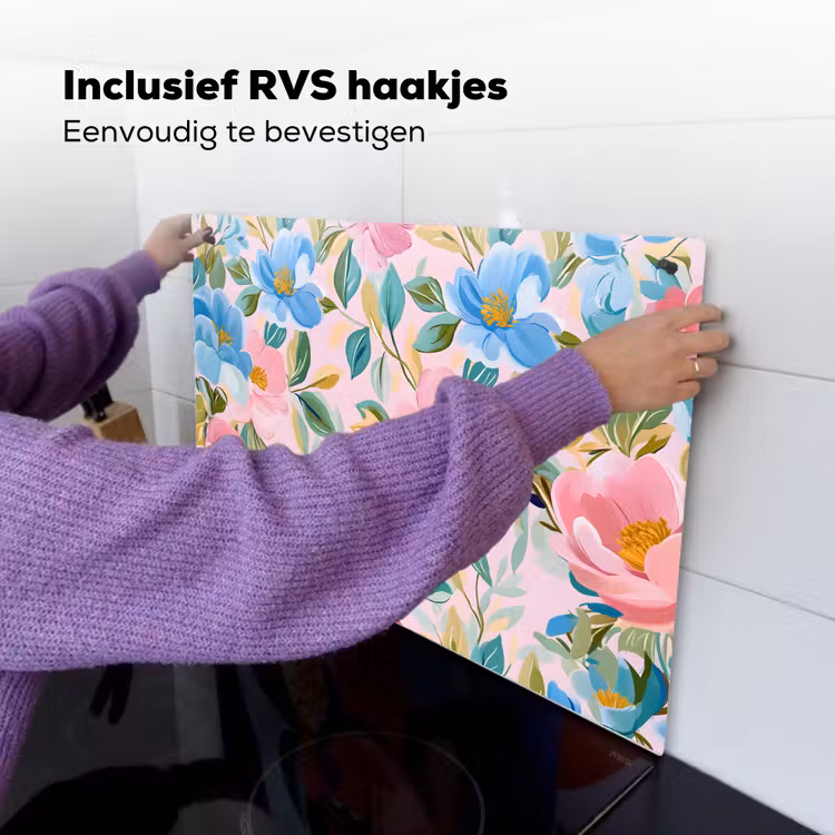 Blauw - Roze - Bloemen Inductie beschemer met haakjes klein -ky-ophangen-nl