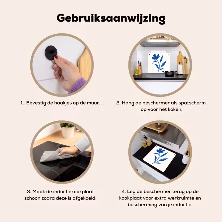 Bloem - Blaadjes - Minimalistisch - Blauw Inductie beschemer met haakjes middel -ky-gebruik-nl