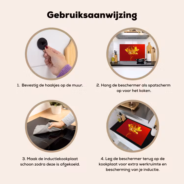 Bloem - Goud - Glazen Inductie beschemer met haakjes klein -ky-gebruik-nl