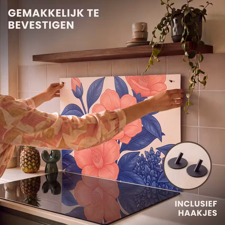 Inductiebeschermer & spatscherm (2in1) - Bloemen - Bladeren - Botanisch - Bloemen - Bladeren - Botanisch Inductie beschemer met haakjes klein