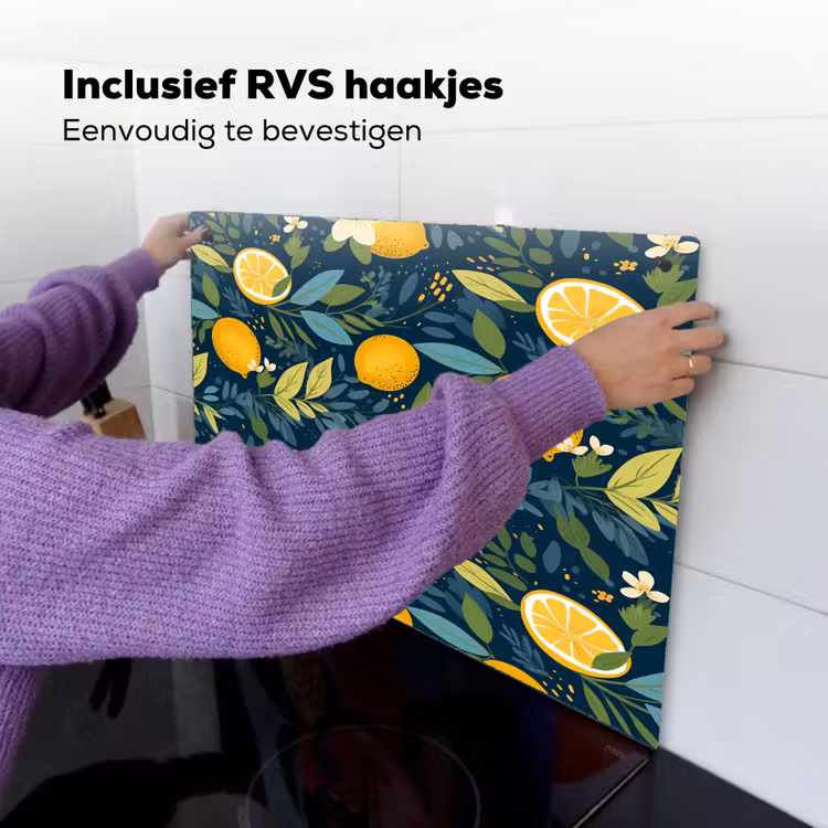 Bloemen - Bladeren - Citroenen - Blauw Inductie beschemer met haakjes klein 777 -ky-ophangen-nl