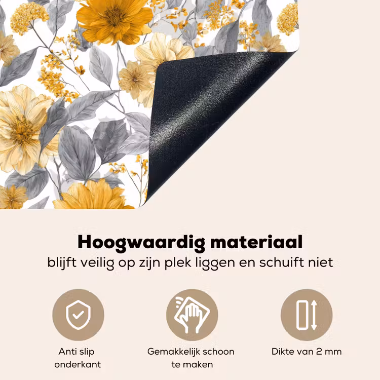 Bloemen - Botanisch - Elegant - Okergeel - Grijs Inductie beschemer met haakjes klein 777 -ky-onderkant-nl