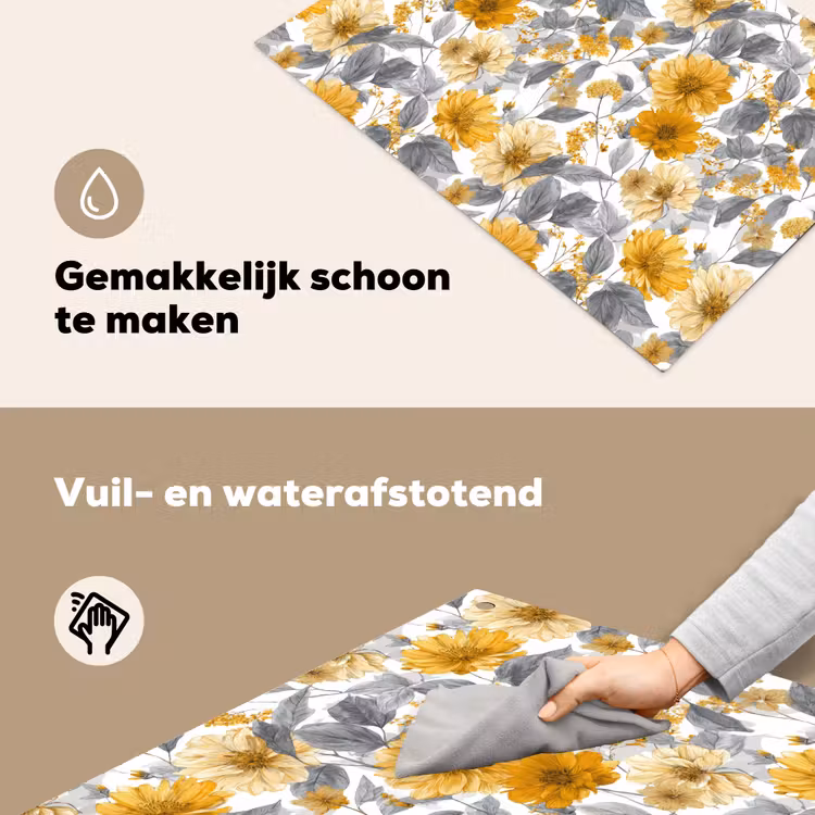 Bloemen - Botanisch - Elegant - Okergeel - Grijs Inductie beschemer met haakjes klein 777 -ky-schoon-nl