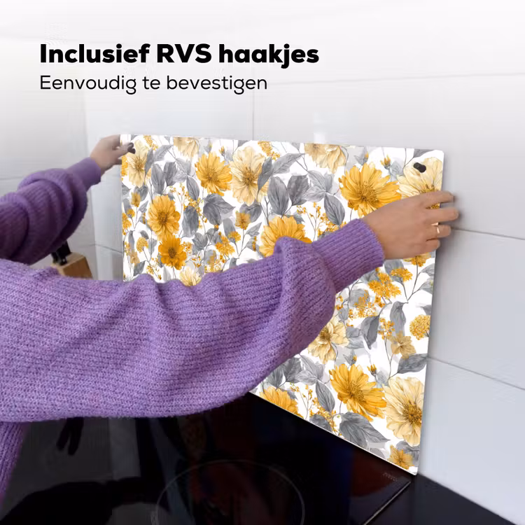 Bloemen - Botanisch - Elegant - Okergeel - Grijs Inductie beschemer met haakjes klein 777 -ky-ophangen-nl