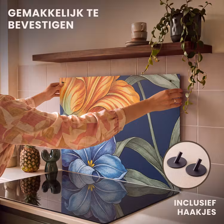 Inductiebeschermer & spatscherm (2in1) - Bloemen - Botanisch - Patroon - Bloemen - Botanisch - Patroon Inductie beschemer met haakjes klein