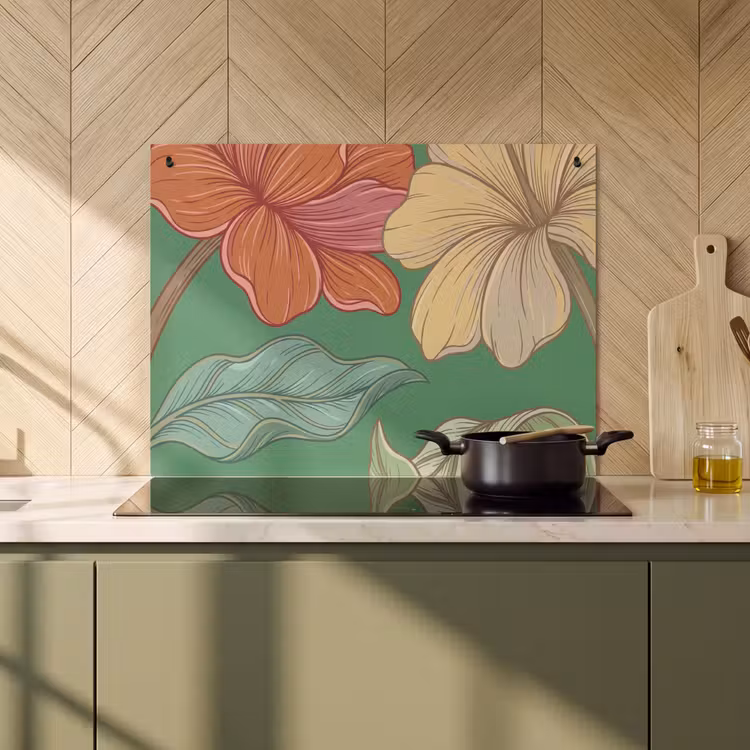 Inductiebeschermer & spatscherm (2in1) - Bloemen - Groen - Illustratie - Bloemen - Groen - Illustratie Inductie beschemer met haakjes klein