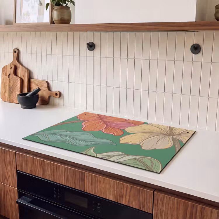 Inductiebeschermer & spatscherm (2in1) - Bloemen - Groen - Illustratie - Bloemen - Groen - Illustratie Inductie beschemer met haakjes klein