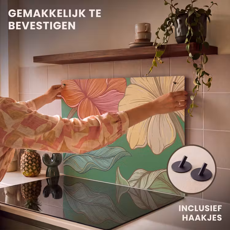 Inductiebeschermer & spatscherm (2in1) - Bloemen - Groen - Illustratie - Bloemen - Groen - Illustratie Inductie beschemer met haakjes klein