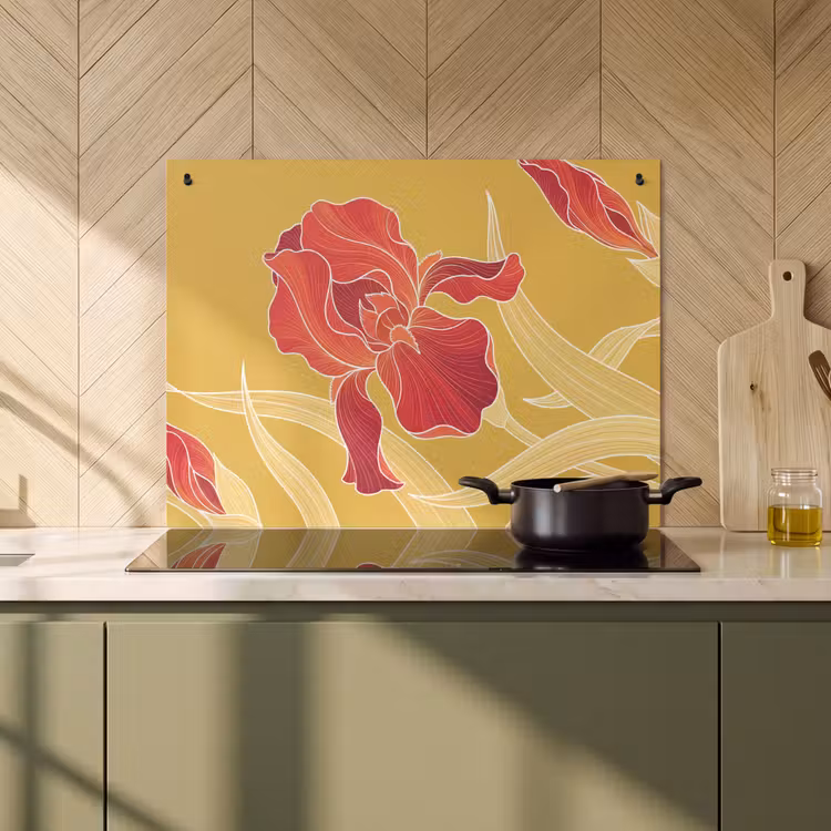 Inductiebeschermer & spatscherm (2in1) - Bloemen - Illustratie - Rood - Bloemen - Illustratie - Rood Inductie beschemer met haakjes klein
