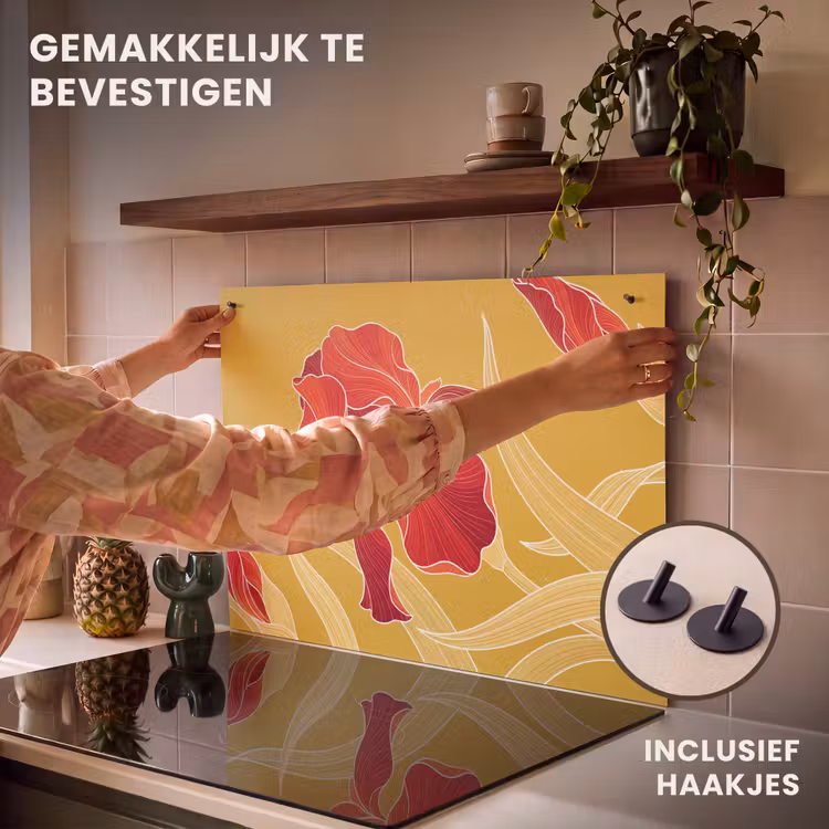 Inductiebeschermer & spatscherm (2in1) - Bloemen - Illustratie - Rood - Bloemen - Illustratie - Rood Inductie beschemer met haakjes klein