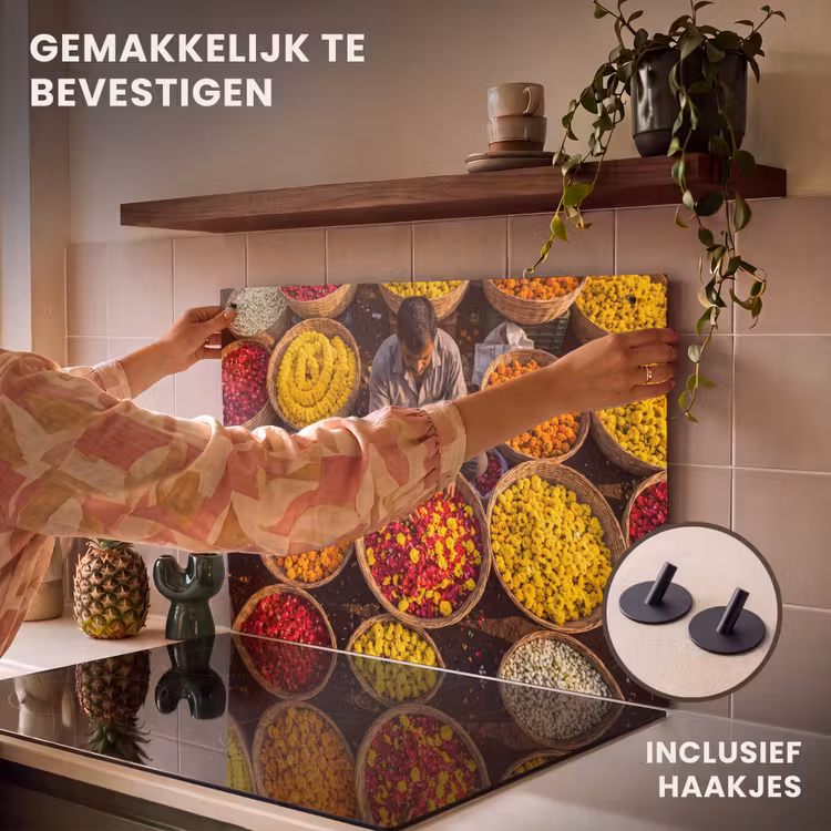 Inductiebeschermer & spatscherm (2in1) - Bloemen - Markt - Kleurrijk - Bloemen - Markt - Kleurrijk Inductie beschemer met haakjes klein