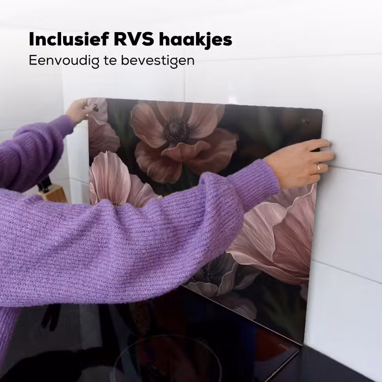 Bloemen - Natuur - Roze - Donker - Modern Inductie beschemer met haakjes klein -ky-ophangen-nl