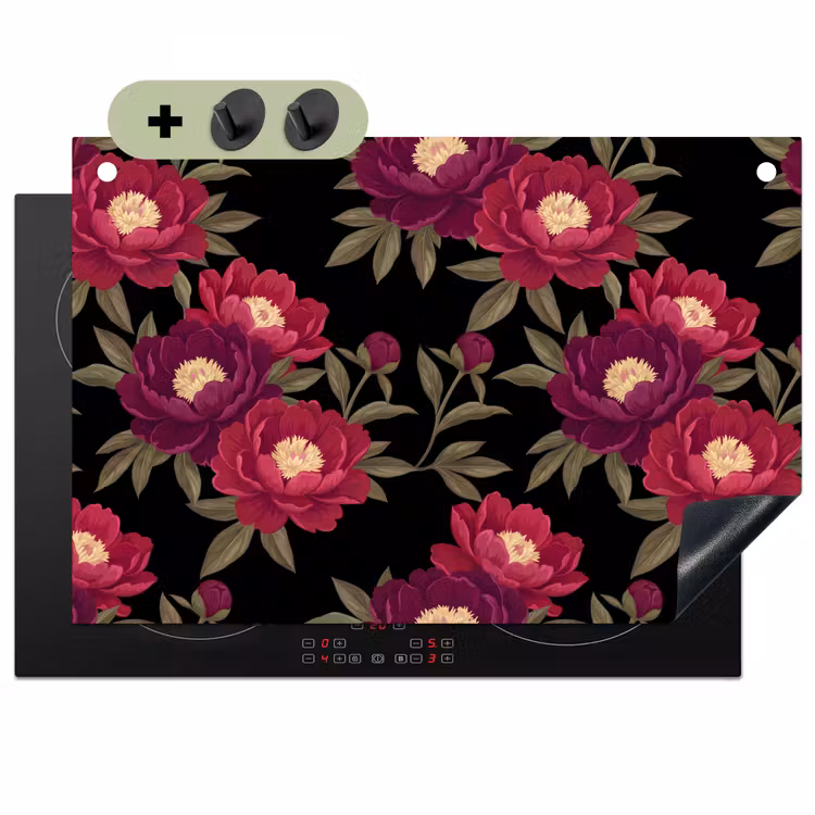 Bloemen - Patroon - Botanisch - Rood - Zwart Inductie beschemer met haakjes klein -3d