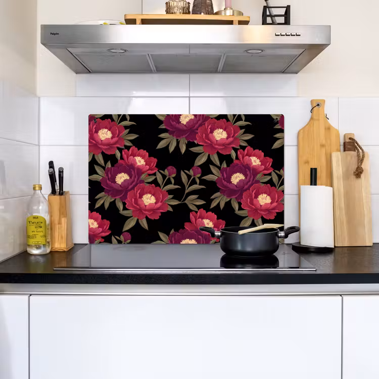 Bloemen - Patroon - Botanisch - Rood - Zwart Inductie beschemer met haakjes klein -sfeer2