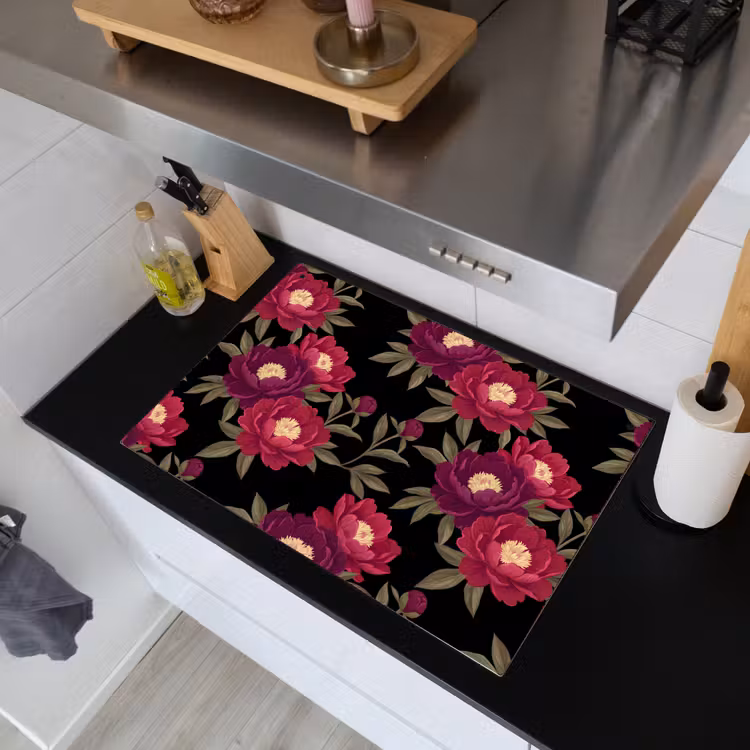 Bloemen - Patroon - Botanisch - Rood - Zwart Inductie beschemer met haakjes klein -sfeer1