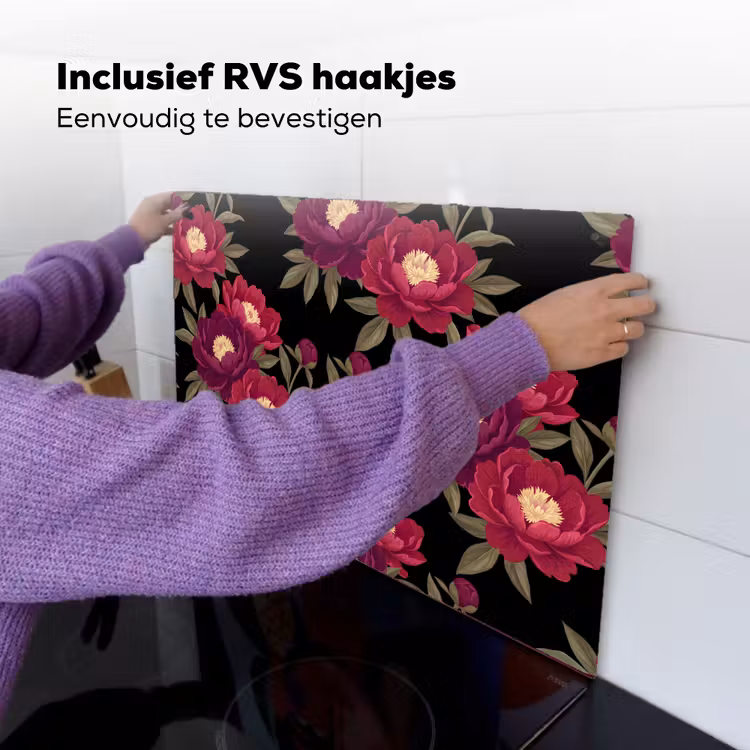 Bloemen - Patroon - Botanisch - Rood - Zwart Inductie beschemer met haakjes klein -ky-ophangen-nl