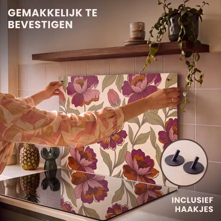 Bloemen - Patroon - Natuur - Modern - Paars Inductie beschemer met haakjes klein -ky-ophangen-nl
