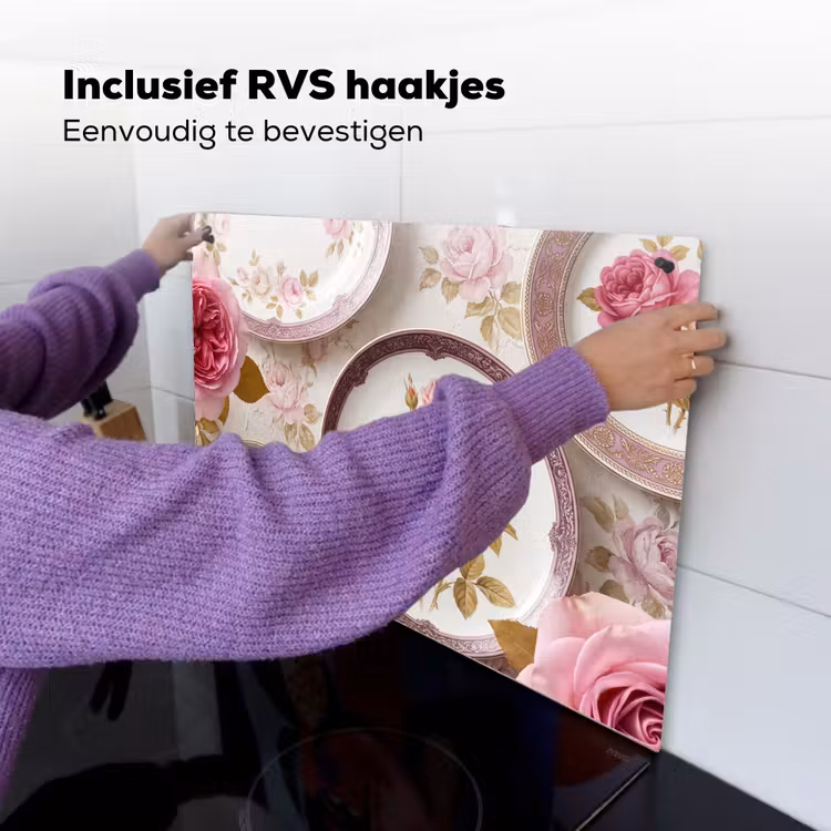 Bloemen - Patroon - Vintage - Roze - Decoratie Inductie beschemer met haakjes klein -ky-ophangen-nl