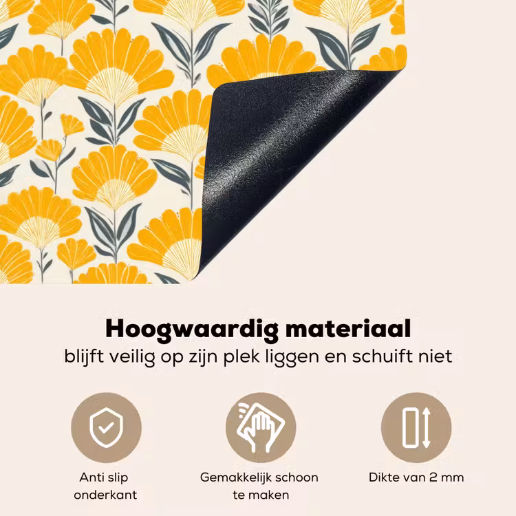 Bloemen - Retro - Botanisch - Okergeel - Grijs Inductie beschemer met haakjes klein 777 -ky-onderkant-nl