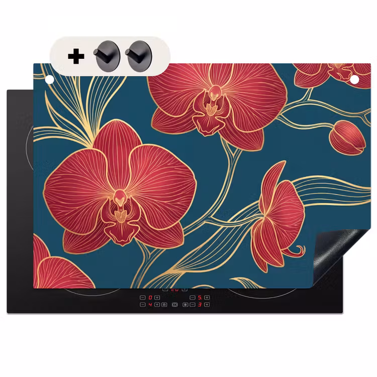 Inductiebeschermer & spatscherm (2in1) - Bloemen - Rood - Goud - Bloemen - Rood - Goud Inductie beschemer met haakjes klein
