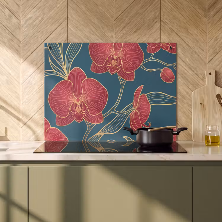 Inductiebeschermer & spatscherm (2in1) - Bloemen - Rood - Goud - Bloemen - Rood - Goud Inductie beschemer met haakjes klein