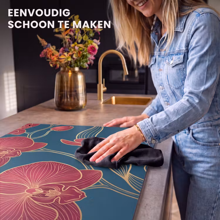 Inductiebeschermer & spatscherm (2in1) - Bloemen - Rood - Goud - Bloemen - Rood - Goud Inductie beschemer met haakjes klein