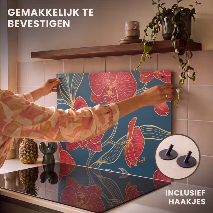 Inductiebeschermer & spatscherm (2in1) - Bloemen - Rood - Goud - Bloemen - Rood - Goud Inductie beschemer met haakjes klein