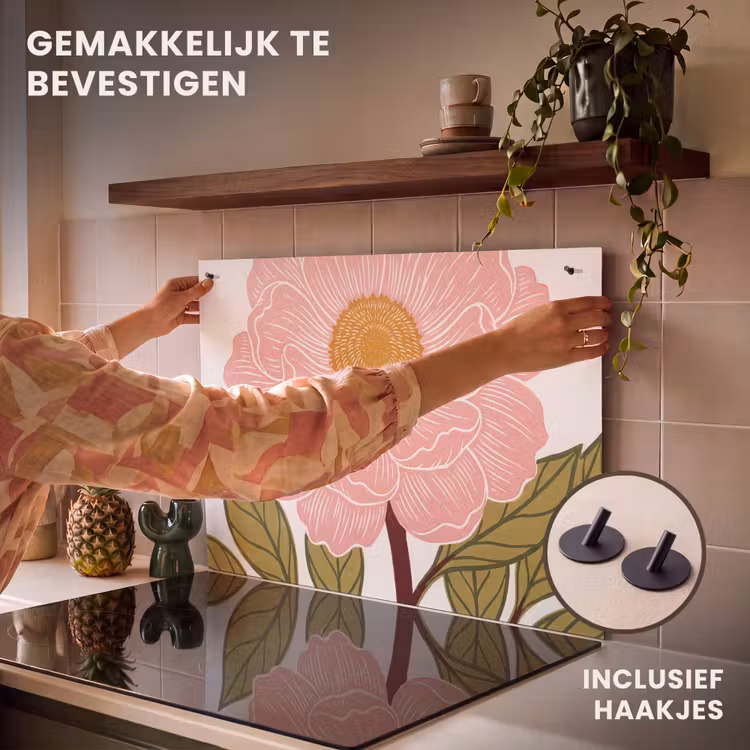 Inductiebeschermer & spatscherm (2in1) - Bloemen - Roze - Illustratie - Bloemen - Roze - Illustratie Inductie beschemer met haakjes klein