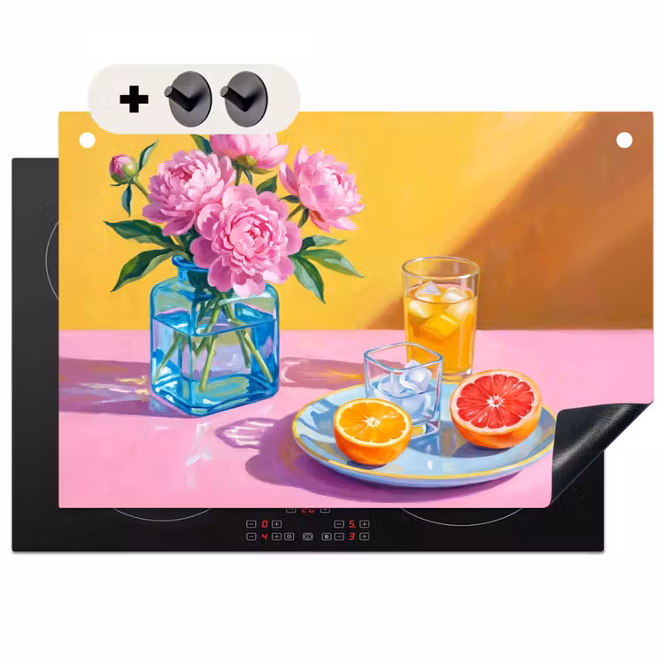 Inductiebeschermer & spatscherm (2in1) - Bloemen - Roze - Modern - Bloemen - Roze - Modern Inductie beschemer met haakjes klein