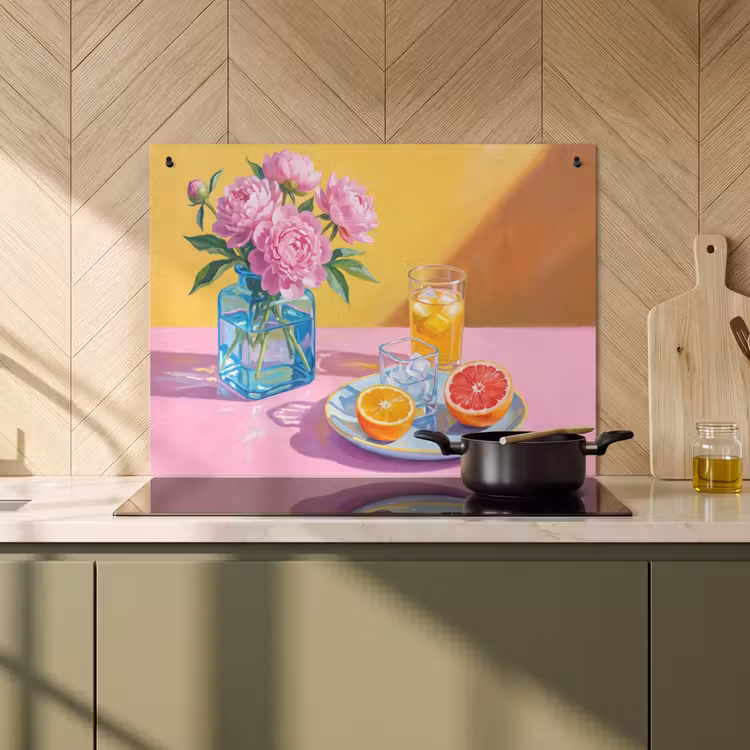 Inductiebeschermer & spatscherm (2in1) - Bloemen - Roze - Modern - Bloemen - Roze - Modern Inductie beschemer met haakjes klein