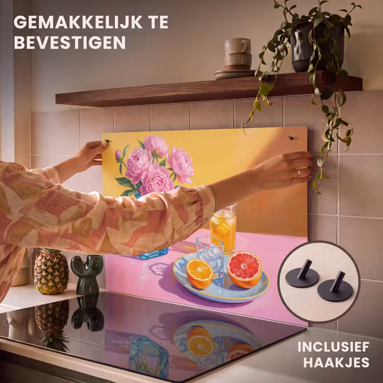 Inductiebeschermer & spatscherm (2in1) - Bloemen - Roze - Modern - Bloemen - Roze - Modern Inductie beschemer met haakjes klein