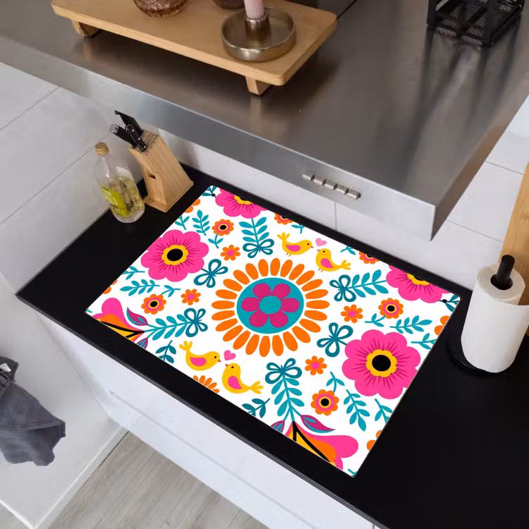 Bloemen - Vogel - Patroon - Kleurrijk - Modern Inductie beschemer met haakjes klein -sfeer1