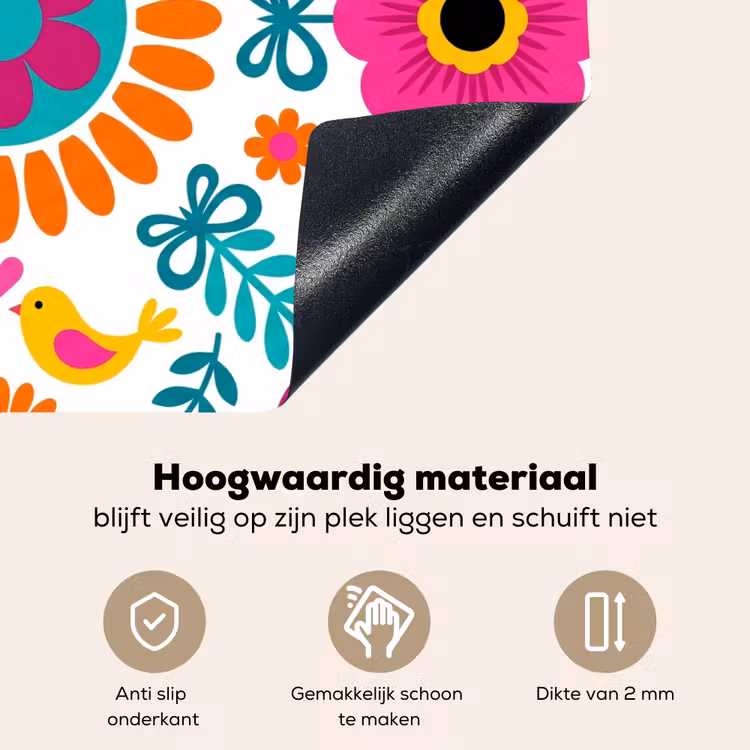 Bloemen - Vogel - Patroon - Kleurrijk - Modern Inductie beschemer met haakjes klein -ky-onderkant-nl