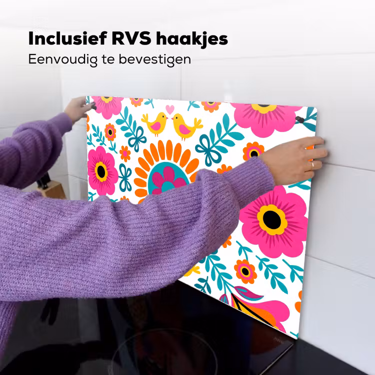 Bloemen - Vogel - Patroon - Kleurrijk - Modern Inductie beschemer met haakjes klein -ky-ophangen-nl