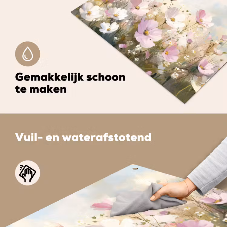 Bloemenveld - Lichte tinten - Geschilderd Inductie beschemer met haakjes klein -ky-schoon-nl