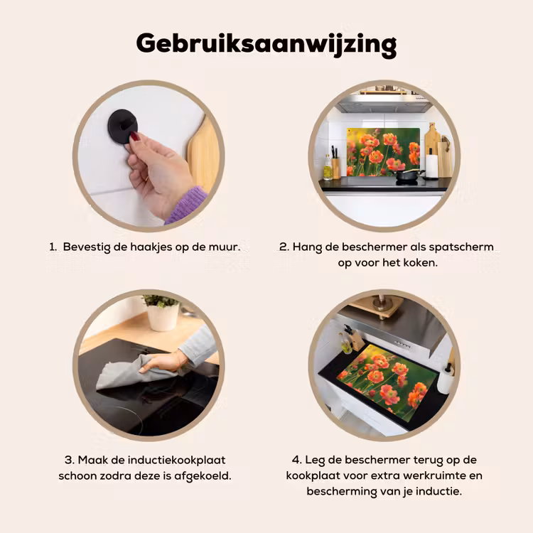Bloemenveld - Zonnestralen - Oranje Inductie beschemer met haakjes klein -ky-gebruik-nl