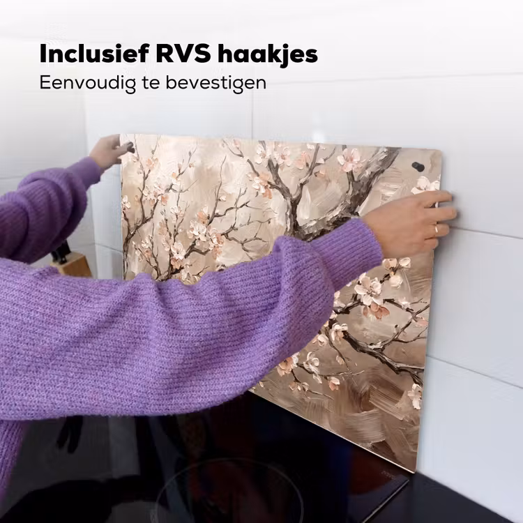 Bloesem - Takken - Schilderij - Beige - Serene Inductie beschemer met haakjes klein -ky-ophangen-nl