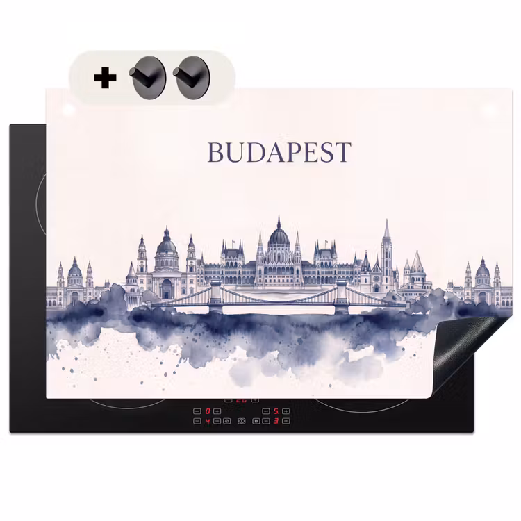 Boedapest - Skyline - Architectuur - Aquarel - Blauw Inductie beschemer met haakjes klein -3d