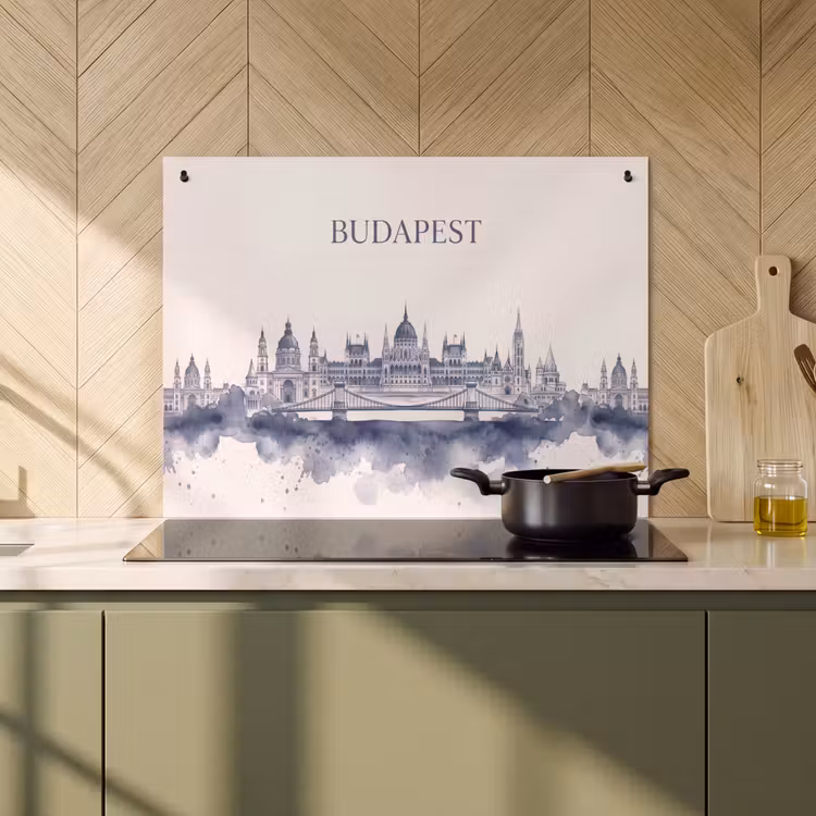 Boedapest - Skyline - Architectuur - Aquarel - Blauw Inductie beschemer met haakjes klein -sfeer2