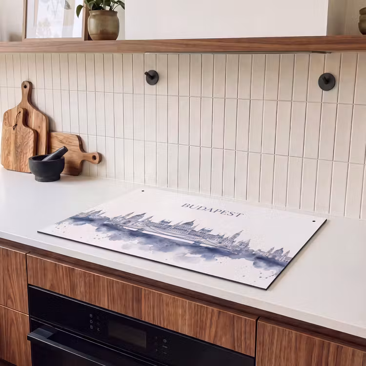 Boedapest - Skyline - Architectuur - Aquarel - Blauw Inductie beschemer met haakjes klein -sfeer1