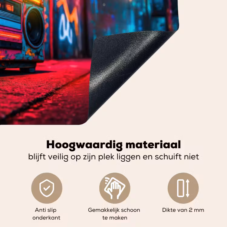 Boombox - Rood - Graffiti - Neon Inductie beschemer met haakjes klein -ky-onderkant-nl
