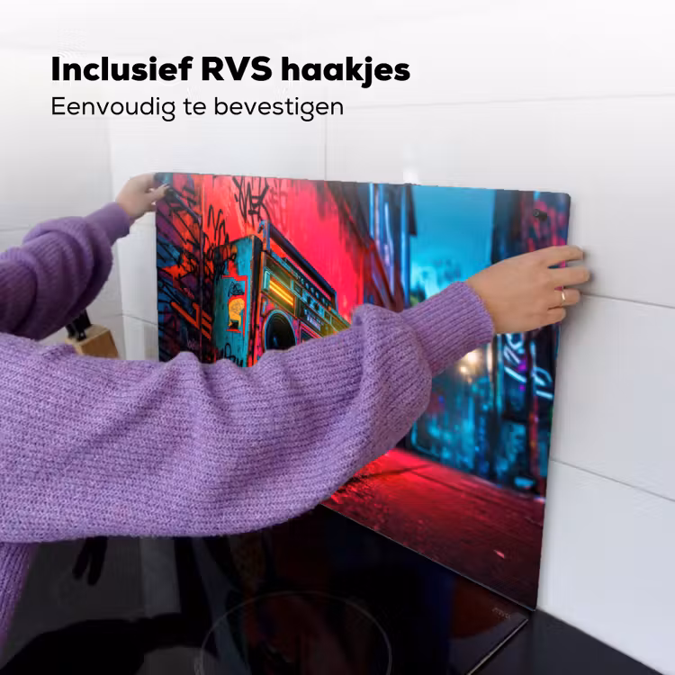 Boombox - Rood - Graffiti - Neon Inductie beschemer met haakjes klein -ky-ophangen-nl