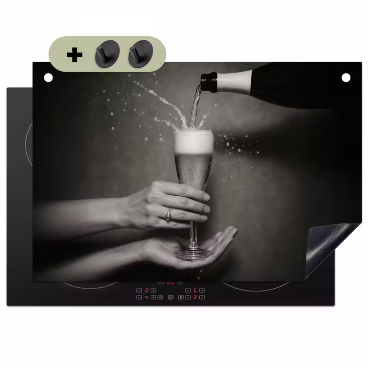 Champagnefles - Glas - Minimalistisch - Spetters Inductie beschemer met haakjes klein -3d