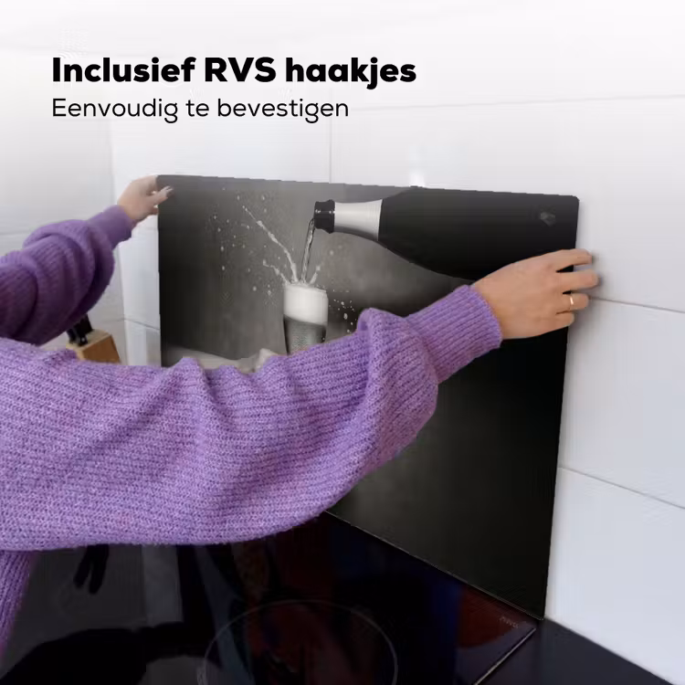Champagnefles - Glas - Minimalistisch - Spetters Inductie beschemer met haakjes klein -ky-ophangen-nl