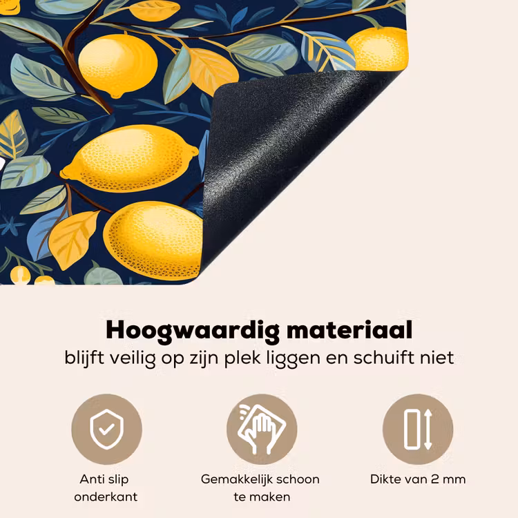 Citroenen - Bloemen - Bladeren - Blauw Inductie beschemer met haakjes klein 777 -ky-onderkant-nl