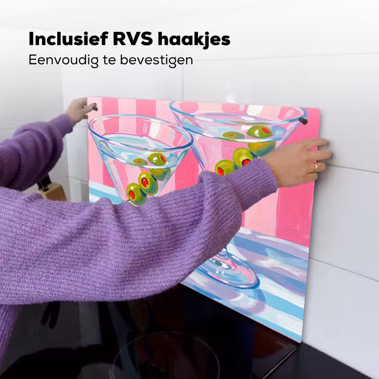 Cocktail - Olijven - Kunst - Modern - Roze Inductie beschemer met haakjes klein -ky-ophangen-nl