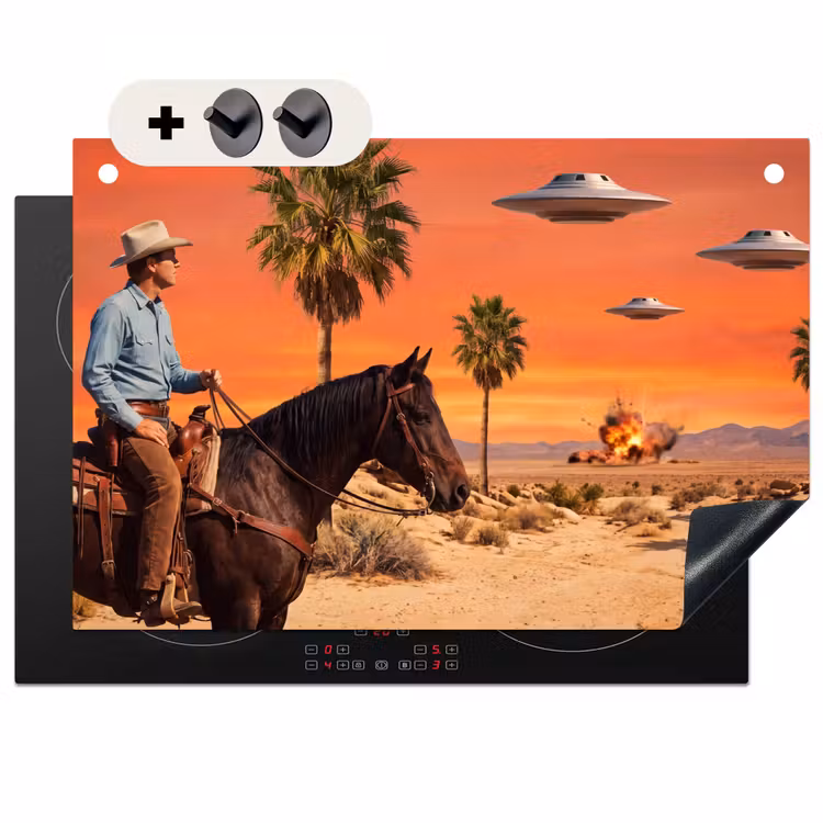 Inductiebeschermer & spatscherm (2in1) - Cowboy - Paard - Woestijn - Cowboy - Paard - Woestijn Inductie beschemer met haakjes klein