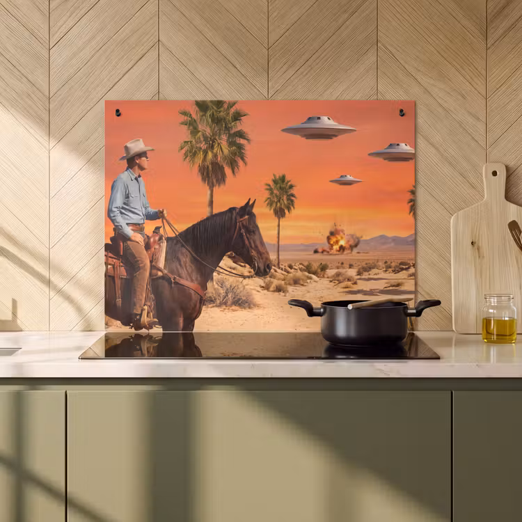 Inductiebeschermer & spatscherm (2in1) - Cowboy - Paard - Woestijn - Cowboy - Paard - Woestijn Inductie beschemer met haakjes klein